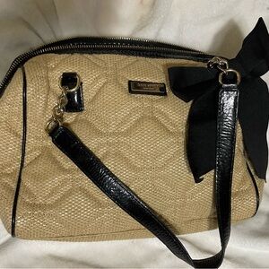 Kate Spade New York Quilted Straw Crossbody Bag – Tan/Black with Bow Detail